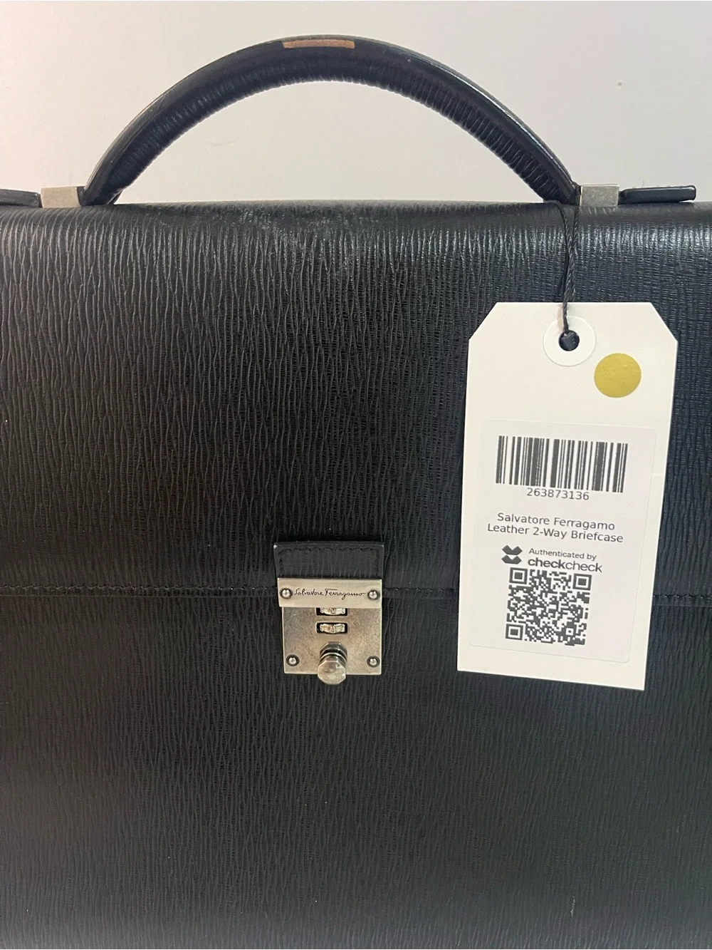 Salvatore Ferragamo Black Textured Leather Briefcase with Silver Hardware